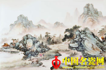 粉彩山水人物瓷板画