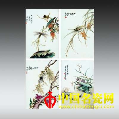 刘雨岑画四季草虫瓷板四块