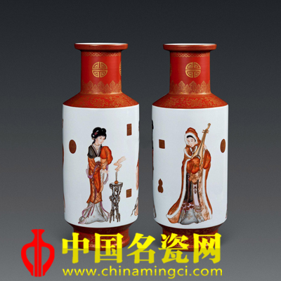 洪爵振 四美图•古彩瓷瓶